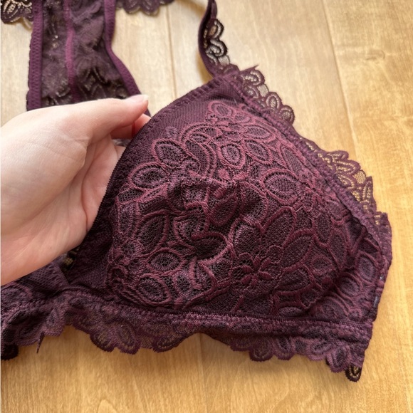aerie Lace Triangular Halter Bralette - Burgundy, Size Large - Picture 8 of 14